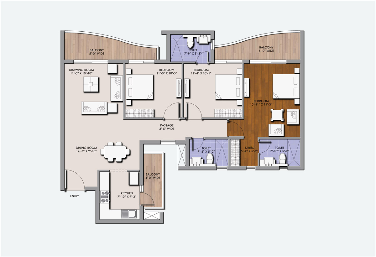 BPTP Terra Floor Plan 3 BHK 1691